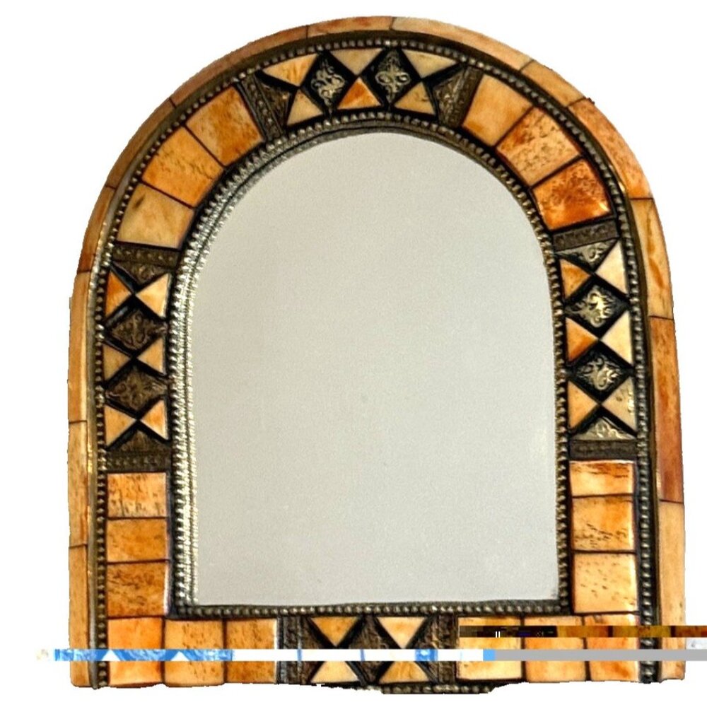 Moroccan Mirror Brass Camel Bone Wood Arched Vintage 10.5 x 9.5"